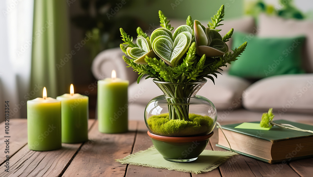 A glass vase with green plants and moss on a wooden table, surrounded by candles and a book. A glass vase with green plants and moss on a wooden table, surrounded by candles and a book.