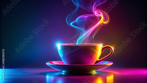 Vibrant neon coffee cup with colorful smoke for modern design concepts
