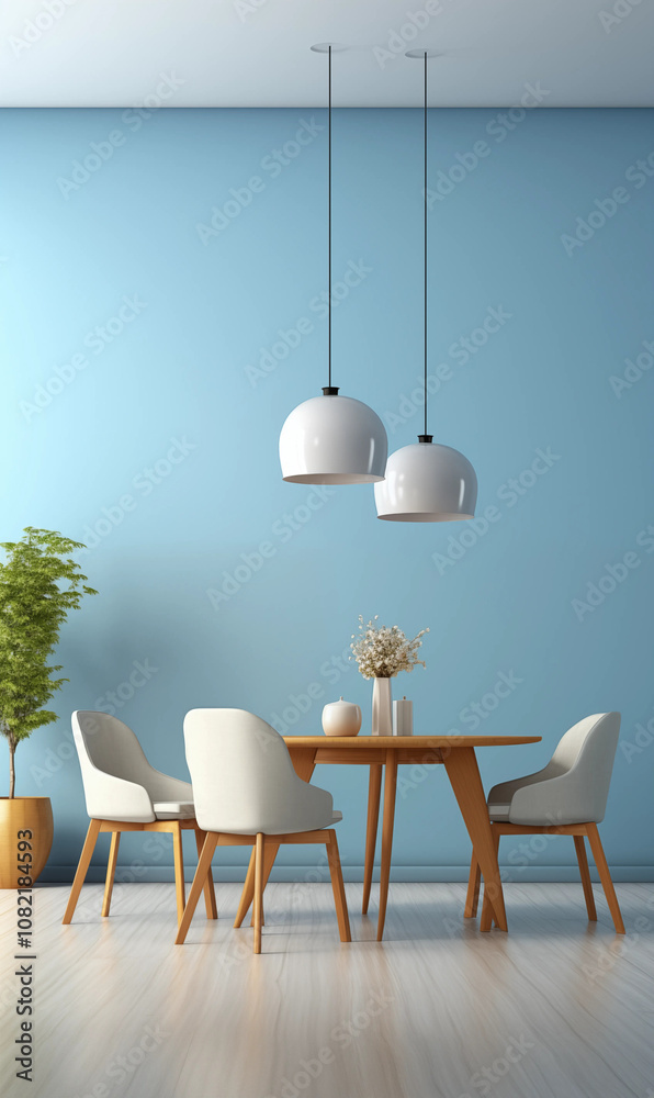 Modern Dining Room Interior Design with Blue Wall and Wooden Table Modern Dining Room Interior Design with Blue Wall and Wooden Table