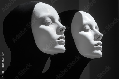 Two mannequin heads in a black and white , sale discount concept