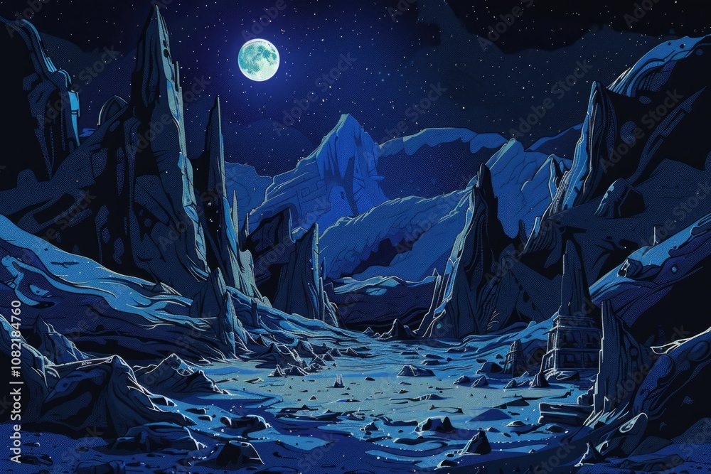 Fototapeta premium Nighttime View of a Rocky Alien Landscape with a Full Moon