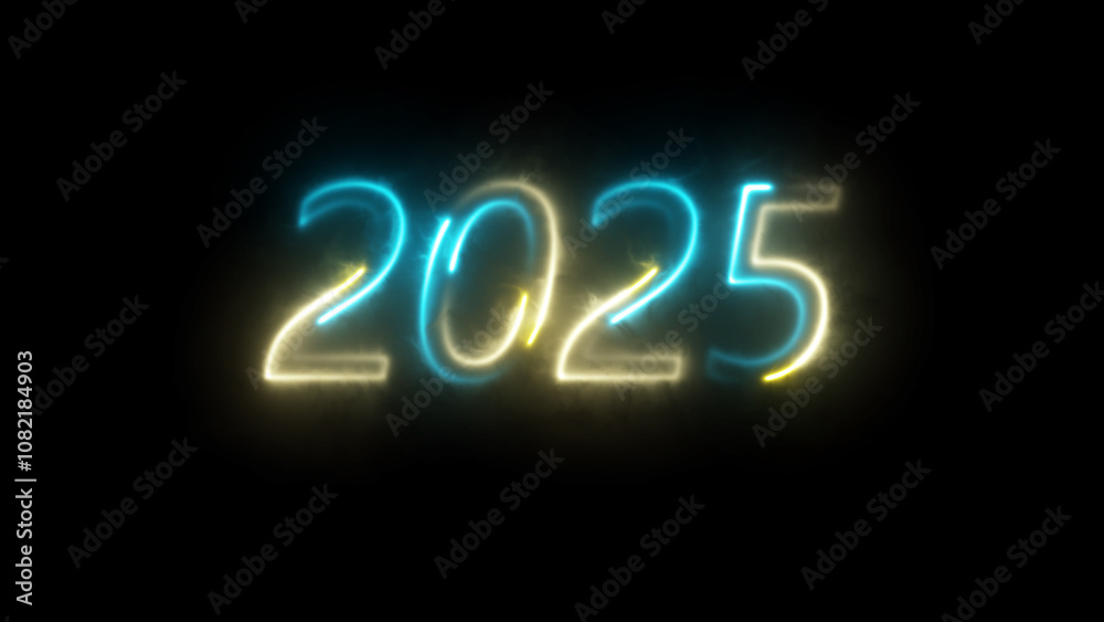 Bright neon illuminate digits 2025 new year design with neon glow. Light color bulbs. Abstract concept 3d illustration