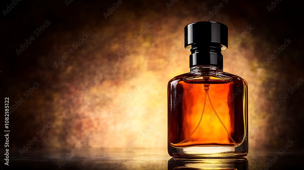 Glass bottle of perfume with a black cap on a brown background. Glass bottle of perfume with a black cap on a brown background.
