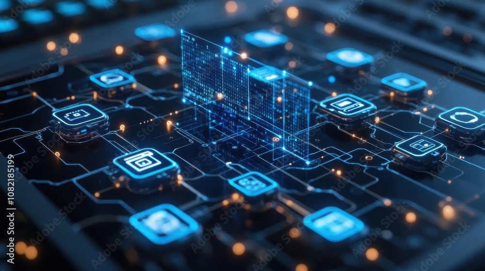 A close-up view of a high-tech digital interface showcasing glowing blue icons, circuits, and data panels against a dark background. A close-up view of a high-tech digital interface showcasing glowing blue icons, circuits, and data panels against a dark background.