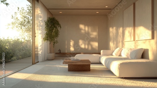 Minimalist living room with white sofa and wooden coffee table, large windows with view of nature outside.