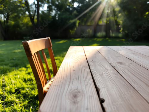 Sunlight filters through trees, illuminating a wooden table and chair in a peaceful backyard during late afternoon