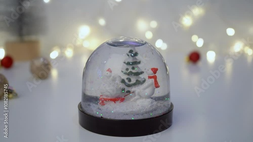 Snow globe with polar bears. Selective focus and Bokeh lights. Winter composition. Christmas and New Year mood.