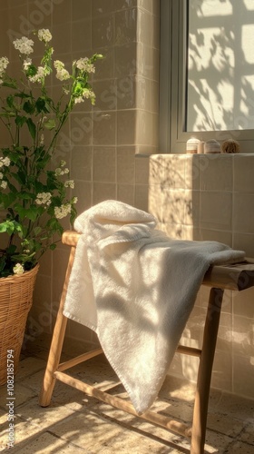 Towel on Wooden Stool.