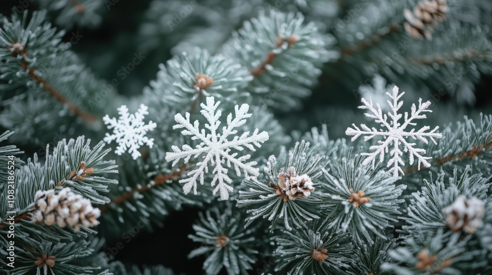 Frosted pine branches with snowflakes and holiday decorations, ample text space on one side. Frosted pine branches with snowflakes and holiday decorations, ample text space on one side.