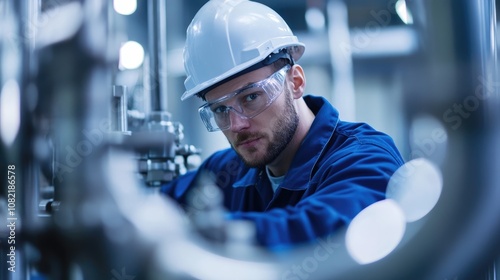 A pipe fitter engaged in assembly work on a pipe within an industrial facility