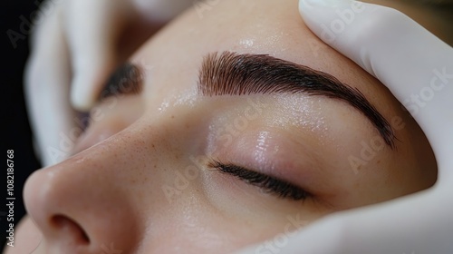 Eyebrow lamination process including styling correction and coloring in a beauty salon focusing on eyebrow care treatment photo