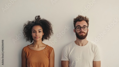 Two individuals positioned in front of a plain white backdrop with an empty space separating them