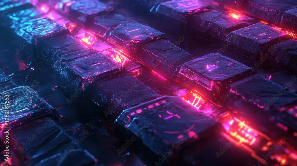 Abstract glowing pattern with 3D blocks, neon lights, purple and red.
