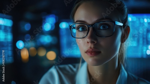 Portrait of a female IT support specialist in a dynamic tech environment delivering prompt technical assistance