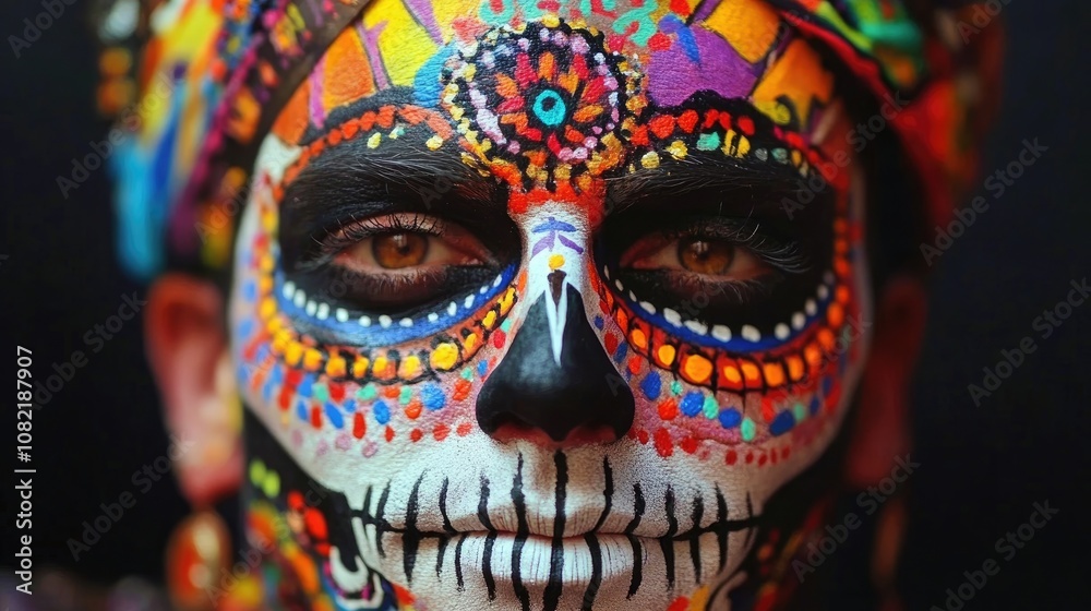 Fototapeta premium Vibrant day of the dead face paint showcasing elaborate patterns and colors