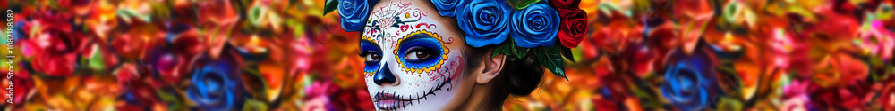 Woman in traditional makeup with colorful flowers backdrop Woman in traditional makeup with colorful flowers backdrop