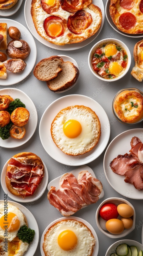 An abundant breakfast spread featuring eggs, meats, and breads arranged on a table ready for a delightful morning meal An abundant breakfast spread featuring eggs, meats, and breads arranged on a table ready for a delightful morning meal