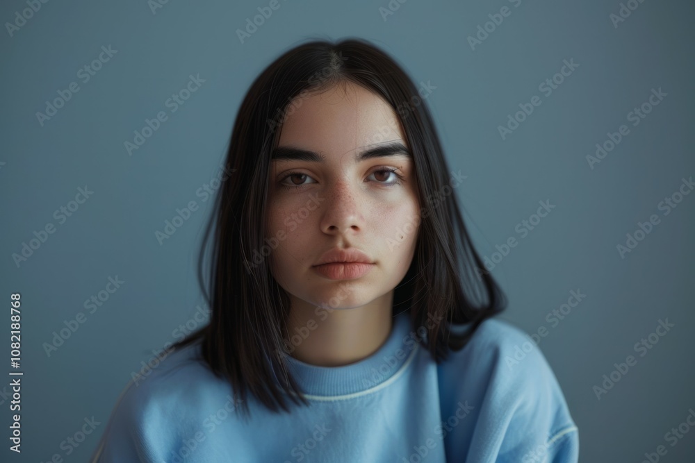 Pretty joyful female with fair hair, dressed casually in blue clothes matching with color of her eyes. Neural network ai generated art Pretty joyful female with fair hair, dressed casually in blue clothes matching with color of her eyes. Neural network ai generated art