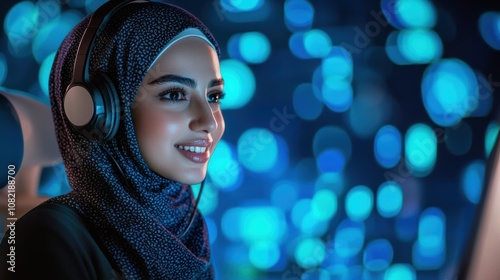 Young woman wearing headphones engaged in online work modern workspace digital environment close-up view focused and motivated concept