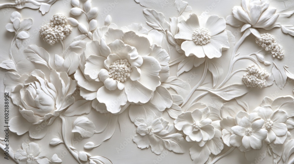 Fototapeta premium Exquisite bas relief featuring intricate white floral patterns
