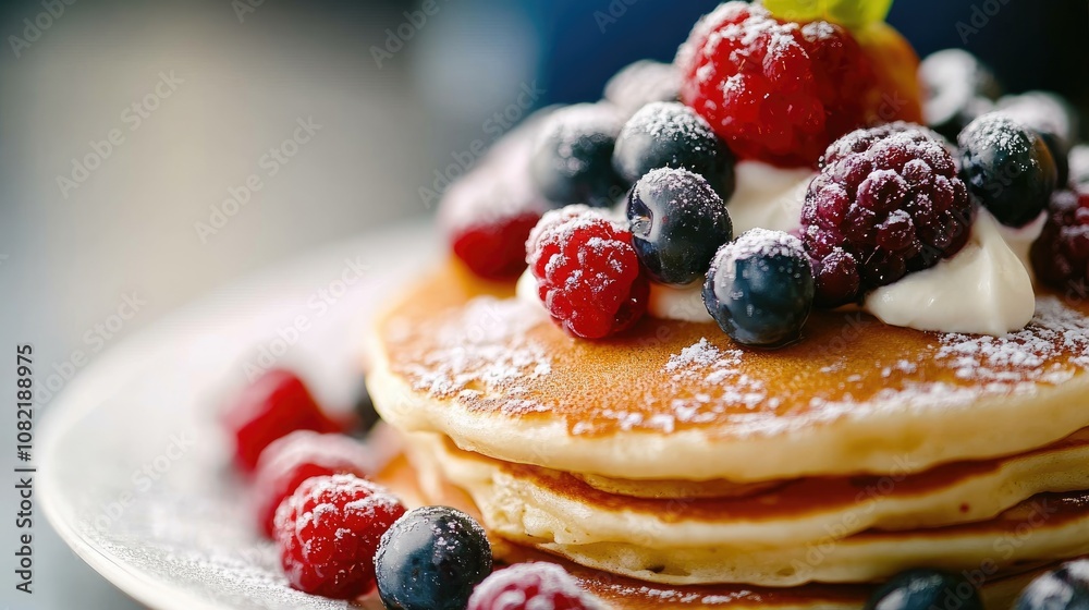 Delicious Pancakes Topped with Cream and Fresh Berries Delicious Pancakes Topped with Cream and Fresh Berries