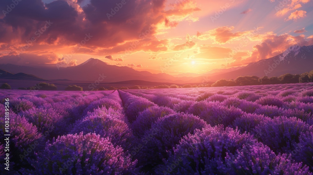 Lavender field with mountains in the background at sunset, nature background Lavender field with mountains in the background at sunset, nature background