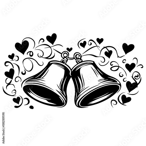 Decorative black and white illustration of two wedding bells with hearts and floral elements