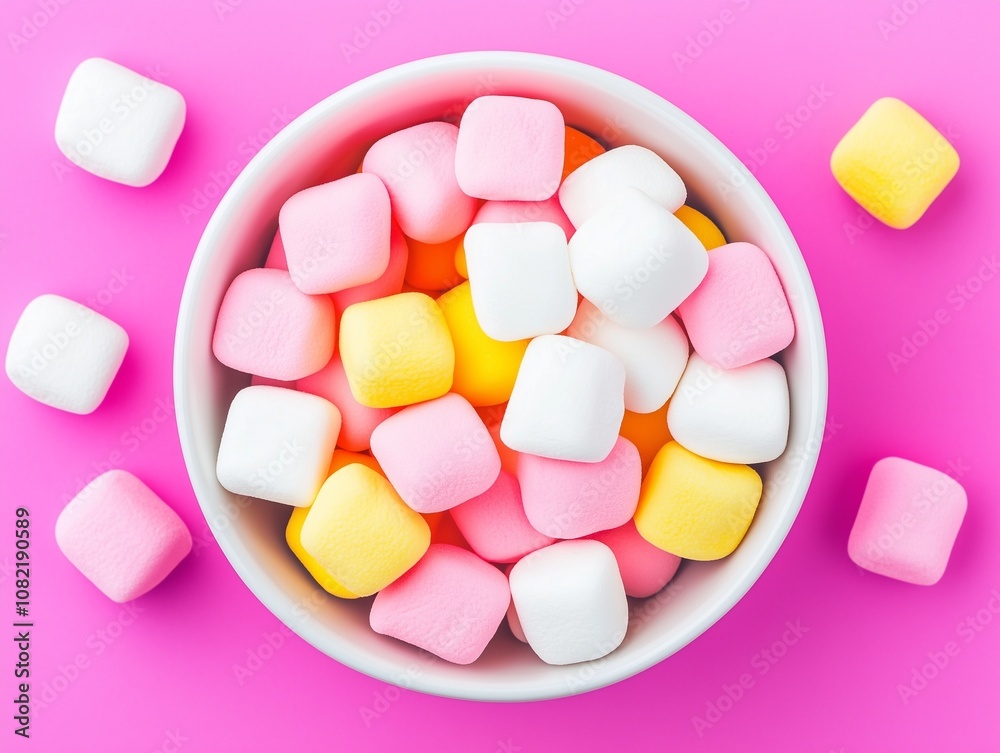 top shot of marshmallows in a bowl against a pink background top shot of marshmallows in a bowl against a pink background