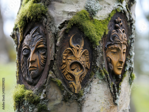 wooden carvings of tribal faces embedded in a tree bark photo