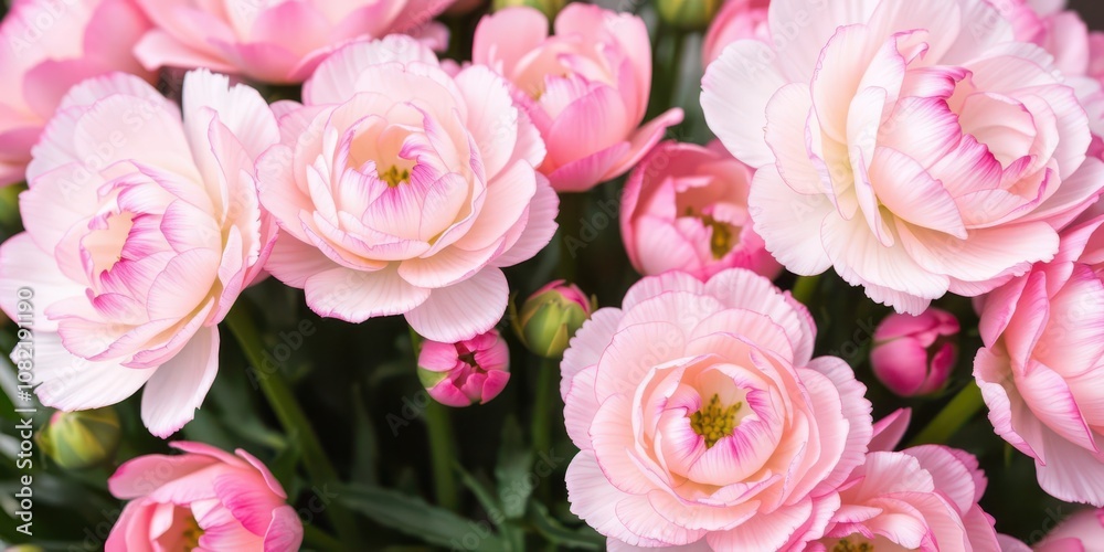 Close-up of beautiful pink and white ranunculus flowers in full bloom, elegant