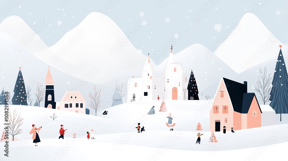 People enjoy a snowy day in a small village nestled between snow-capped mountains People enjoy a snowy day in a small village nestled between snow-capped mountains