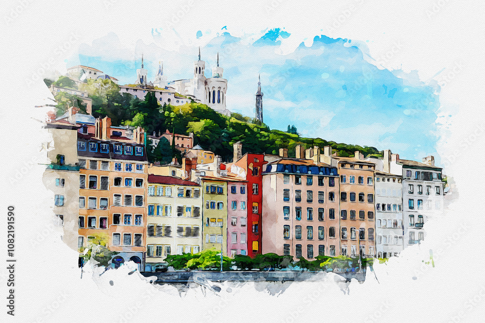 Fototapeta premium Digital watercolor painting of Lyon, France