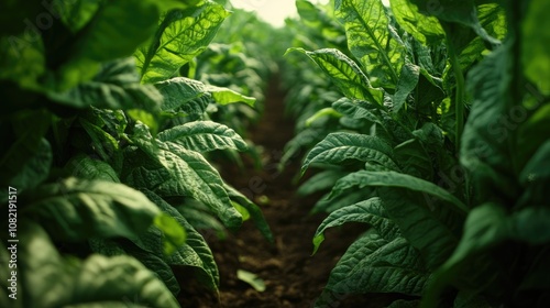 Tobacco cultivation area featuring prominent dark green tobacco leaves photo