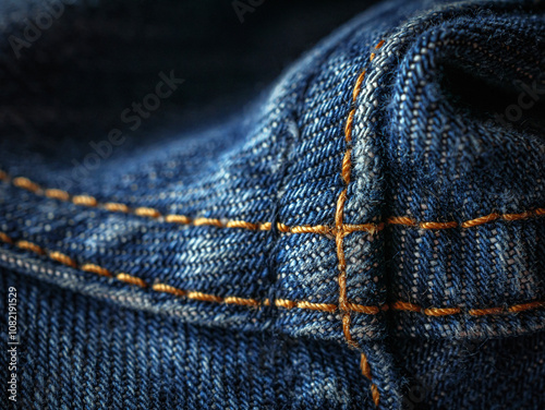 Close up of seam of blue denim texture background, jean fashion style, macro photo