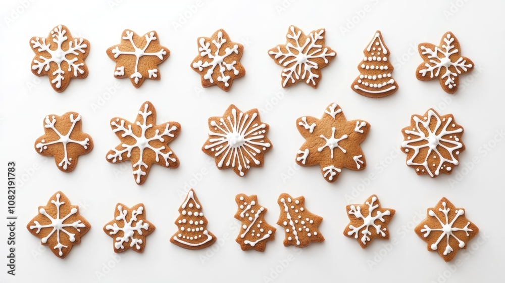 Gingerbread cookies in festive shapes including snowflakes and Christmas trees displayed on a white background from a top view Gingerbread cookies in festive shapes including snowflakes and Christmas trees displayed on a white background from a top view
