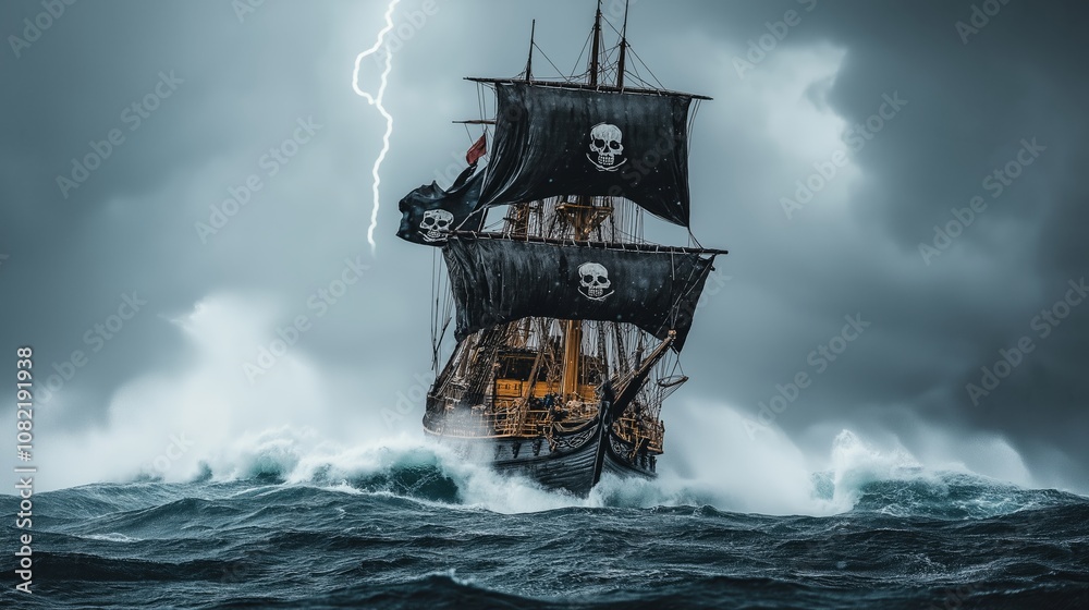 Obraz premium Pirate ship with skull and crossbones sails navigating stormy ocean with lightning strike, symbolizing adventure, danger, and the high seas. Dramatic scene for fantasy, and maritime history