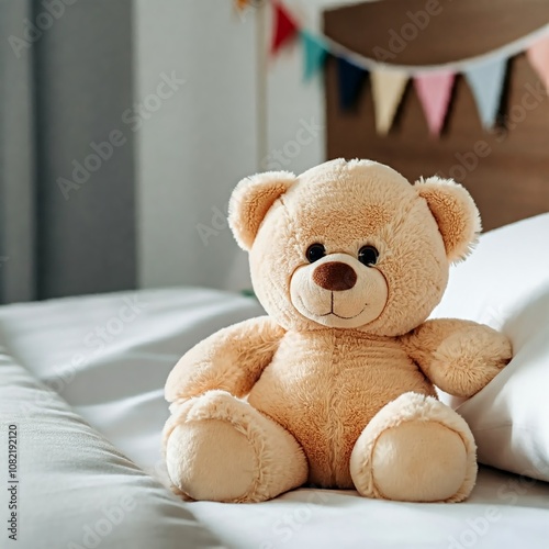 cute plush teddy bear sitting on a bed in an empty bedroom. Symbol of kindness, charity, love, and reliability. Perfect for themes of childhood, comfort, and warmth.