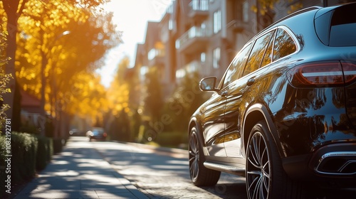 Fototapeta Naklejka Na Ścianę i Meble -  Luxury car parked on sunlit residential street in autumn, symbolizing elegance, modern lifestyle, and urban living. Warm seasonal setting for themes of transportation, comfort, and city life