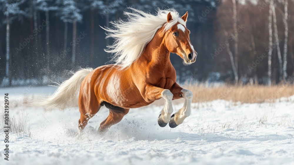 A red Haflinger horse with a white mane gallops through a snowy field showcasing dynamic movement and freedom in a winter landscape Concept equestrian sport A red Haflinger horse with a white mane gallops through a snowy field showcasing dynamic movement and freedom in a winter landscape Concept equestrian sport