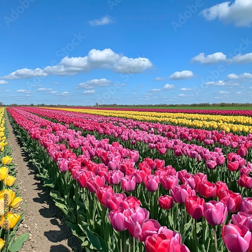 Wallpaper Mural field full of tulips in Holland, bright blue sky,generative ai Torontodigital.ca