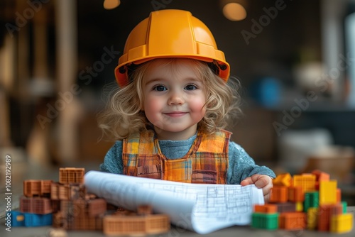 A child wearing a construction helmet and vest, holding blueprints, standing next to toy construction blocks 