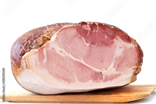 Prosciutto cotto artigianale or artisanal cooked ham is a kind of raw ham produced in Italy from pigs' legs and then cooked with spices photo