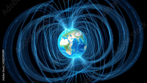 Fototapeta Naklejka Na Ścianę i Meble -  3D Magnetic Field Visualization Surrounding Earth in Outer Space