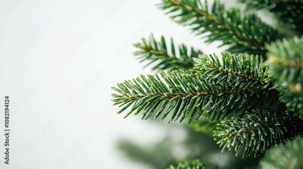 Close up of a lush green Christmas tree branch on a white background perfect for holiday decorating Close up of a lush green Christmas tree branch on a white background perfect for holiday decorating
