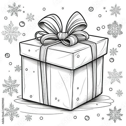 Gift box with ribbon line drawing black and white
