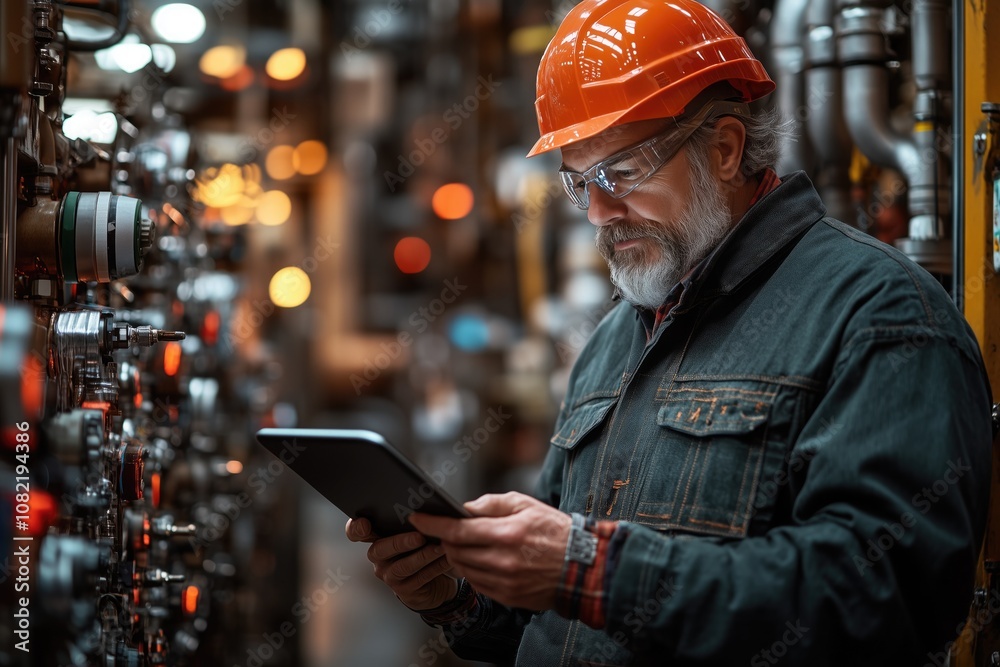 A constructor reading a schematic with a digital tablet in hand, in front of a busy workplace A constructor reading a schematic with a digital tablet in hand, in front of a busy workplace