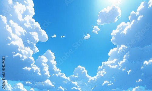 blue sky with fluffy white clouds drifting by, Generative AI