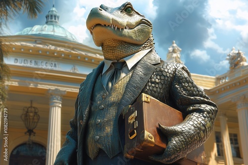 A crocodile dressed as a lawyer, holding a briefcase and standing in front of a courthouse 