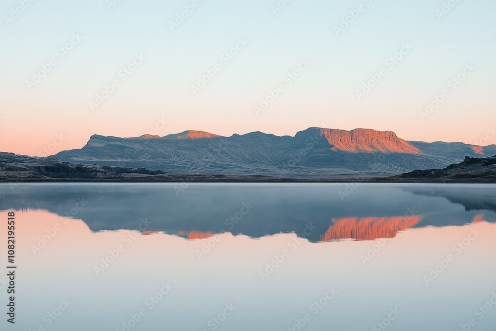 lake with mountains reflecting on its surface at sunrise, Generative AI