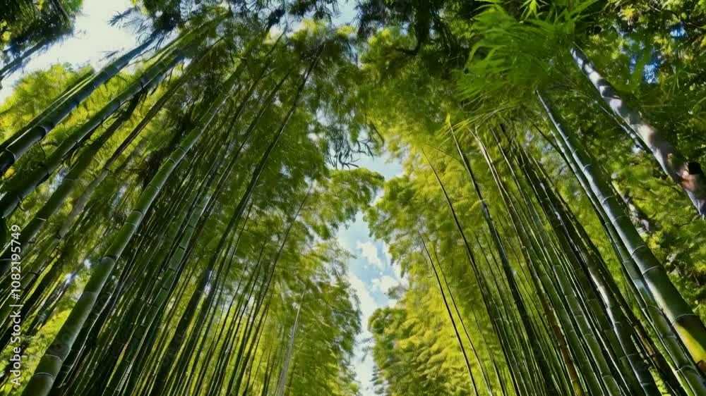 A serene bamboo forest with lush green foliage and a bright sky overhead. A serene bamboo forest with lush green foliage and a bright sky overhead.